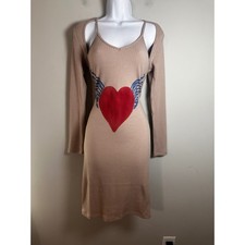 Hot Lava Tan Ribbed Knit 2-Piece Bodycon Dress & Shrug Winged Heart Graphic M