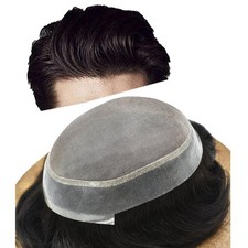 Mens Toupee Hairpiece Mono Lace Human Hair Poly PU Replacement Wig US