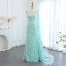 Turquoise One Shoulder Evening Dresses with Cape Train Prom Wedding Party Gowns