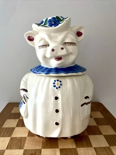 Vintage 40's Shawnee USA Pottery Winnie The Pig Blue Clover Blossom Cookie Jar