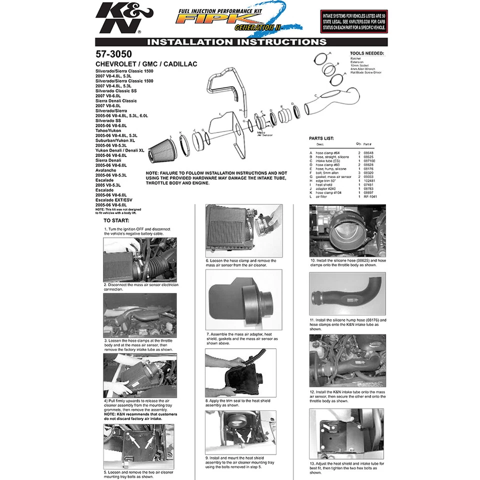 Kit de entrada de ar frio K&N 57-3050 para 05-06 Silverado Sierra 1500 4.8 5.3L 6.0L V8 - Imagem 4 de 4