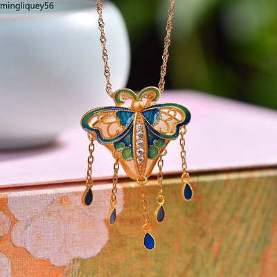 Ancient Method Silver S925 Inlay Jade Enamel Pretty Butterfly