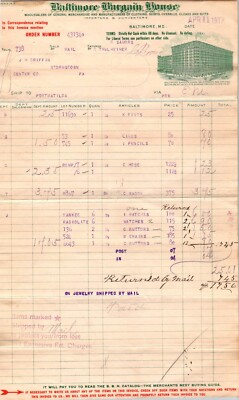 Baltimore Maryland Bargain House Letterhead Bill Order Invoice 1917 Antique