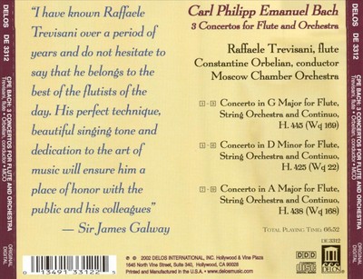 C.P.E. BACH: CONCERTOS (3) FOR FLUTE AND ORCHESTRA NEW CD