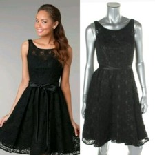 🛍$149 Marina Black Lace Overlay Gathered Cocktail Little Black Dress ~ 4 M3020