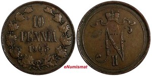 Finland Nicholas II Copper 1905 10 Penniä Mintage-500,000 aVF KM# 14 (18 737)
