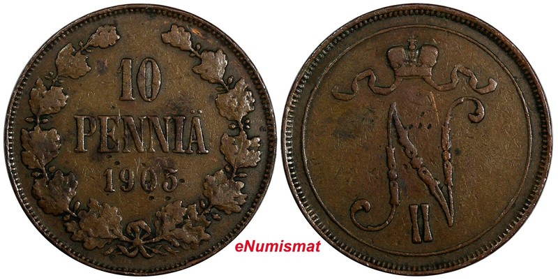 Finland Nicholas II Copper 1905 10 Penniä Mintage-500,000 aVF KM# 14 (18 737)