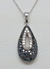 10K White Gold Necklace .74 Ct Black & White Diamond Tear Drop Pendant 18" New 