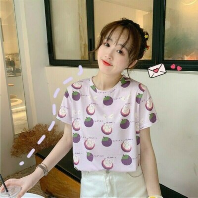 Women Cute T-shirt Japanese Tee Kawaii Tops Fruit Pattern Harajuku Preppy