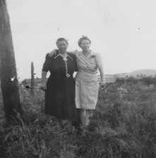 1940s Two Women Outdoor Portrait Rural Landscape Scenic Background Field Dresses