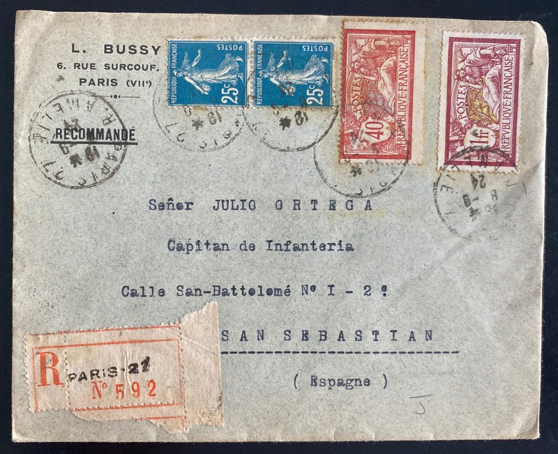 1924 Paris France Commercial Registered Cover To San Sebastian Spain