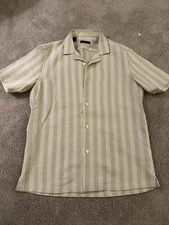 Saks Fifth Avenue Men’s Shirt Size Small Stripes Khaki And Cream Short Sleeve