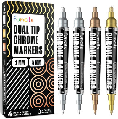 Liquid Chrome Paint Pen - 4 Dual Tip Mirror Effect Metallic Markers with 2 Silve