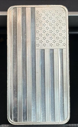 10 oz .999 Fine Silver Bar – American Flag Style Pattern – Vintage Looking Bar