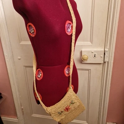 Natural Woven Straw Crossbody Bag | Floral Embroidery Detail - Image 1 of 4