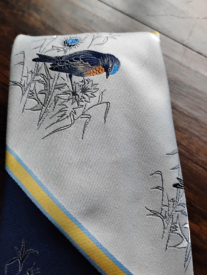Vintage 1960s Christian Dior Tie Blue Rock-Thrush Bird Silver Embroidered Wide - Image 4 of 4