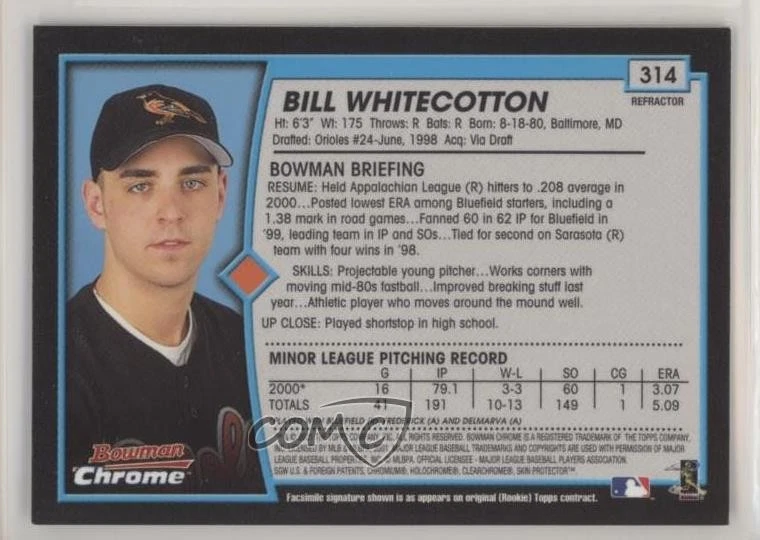 2001 Bowman Chrome Rookie Refractors Billy Whitecotton Bill Whitecotton #314 - Image 2 of 2