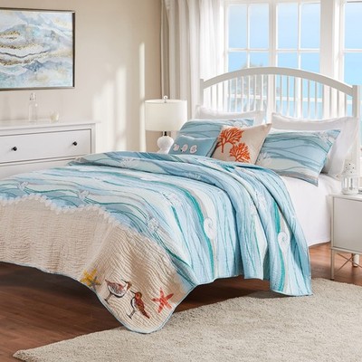 Maui Coastal Quilt Set California King Ocean Blue Bedding 5 Piece Pillow Shams