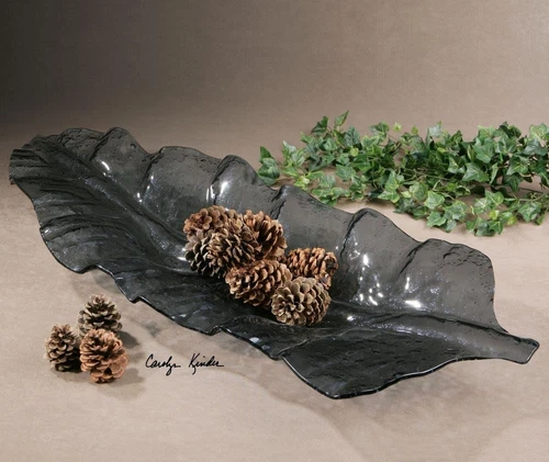 Gray Glass Smoked Leaf Glass 16.5In. X 43In. Decorative Tray - Picture 1 of 1