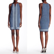 Max Studio Halter Dress Medallion Lattice Print Shift Sleeveless Blue S NWT NEW