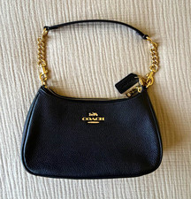 Coach Teri Shoulder Bag Black Pebbled Leather Gold Chain Purse