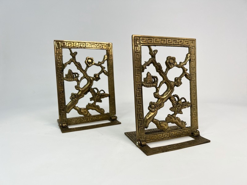 Vintage Gold Tone Metal Foldable Book Stands, Floral Branch & Bird, Pair