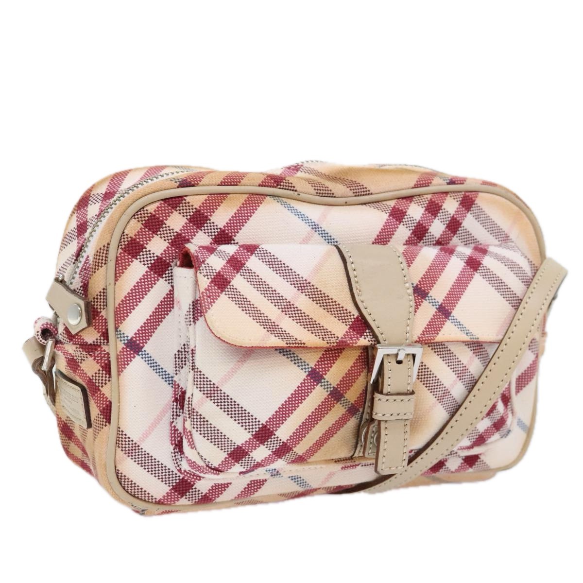 BURBERRY Nova Check Blue Label Shoulder Bag Canvas White Red Auth