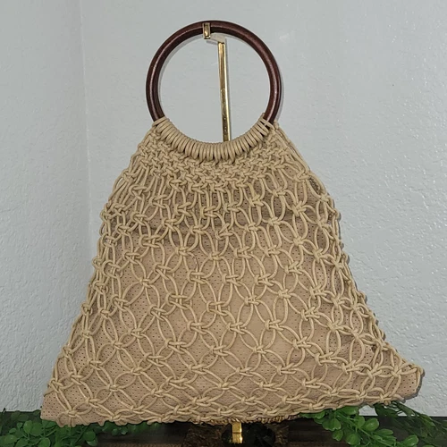 Urban Expressions Macrame Net Top Handle Bag Vegan Leather Interior Beige