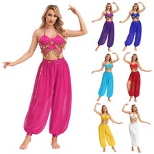 Women Belly Dance Costume 2 Piece Halter Top Harem Pants Set Arabian Theme Party