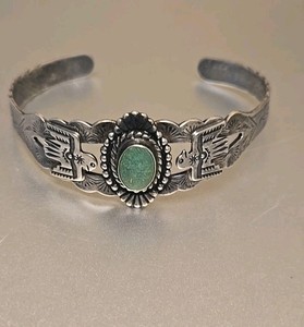 Fred Harvey Sterling Turquoise Thunderbird Cuff Bracelet Signed  "Siver Arrow" E