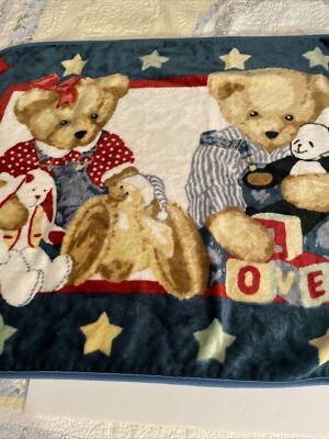 Vintage Blue Jean Teddy Bear Plush Fleece Baby Blanket Throw
