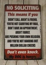 No Soliciting Solicitations Sign Tin Warning Rustic Vintage Style Go Away