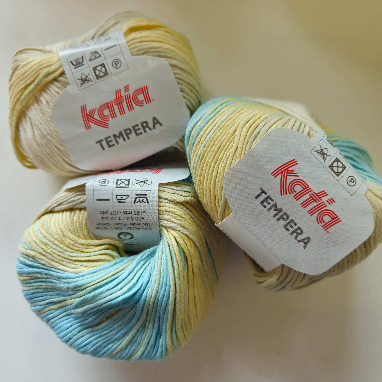 Katia Tempura shade 50 blue & cream  50g balls 100% cotton yarn fine DK