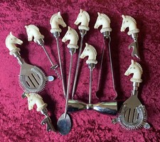 Vintage Mid Century Kitsch 1960s White  Resin Horse Heads Cocktail Bar Tools Set