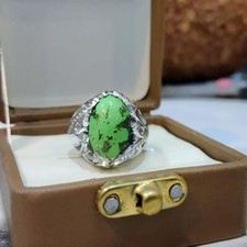 Hussaini Feroza Green Turquoise Ring, Handmade 925 Sterling Silver Lab Certified
