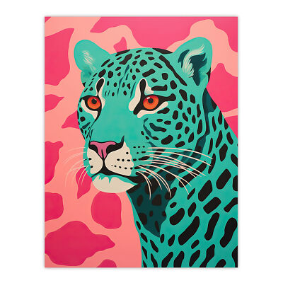 Moderner aquagrüner Leopardendruck auf rosa Pop Art Stil Wandbild Poster Druck