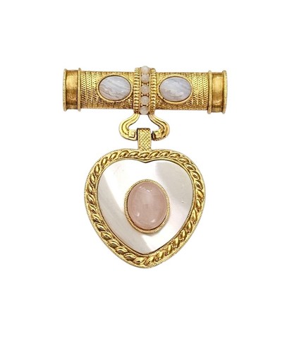 1928 Brand Gold Tone Blue Lace Agate Rose Quartz Brooch Heart Shell Inlay Dangle - 第 1/8 張圖片