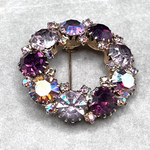 VTG Weiss Purple & AB Rhinestone Wreath Brooch Pin 1.75 Inches ^ - Picture 3 of 7