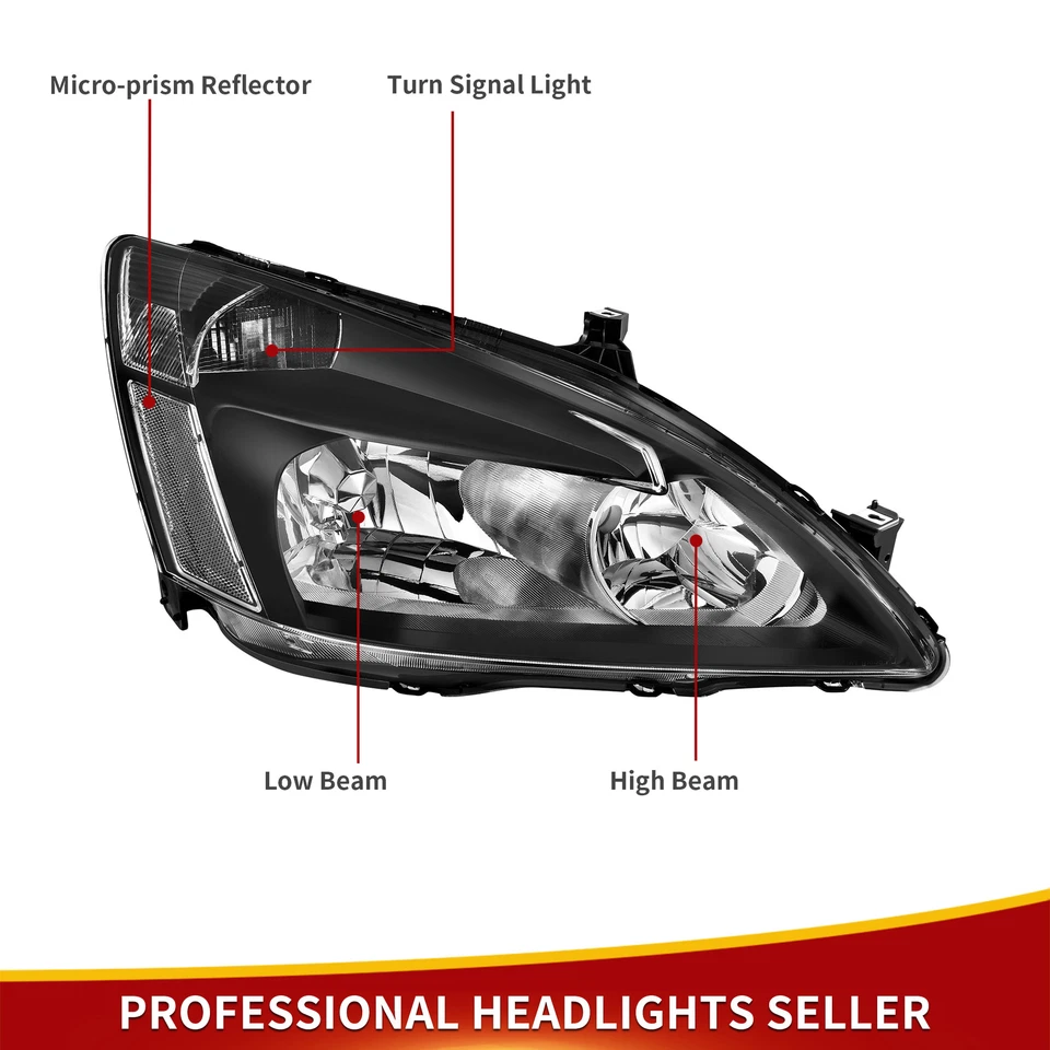 HEADLIGHTS FOR 2003-2007 HONDA ACCORD 2/4 DOOR BLACK HOUSING CLEAR CORNER LAMPS - Image 4 of 4
