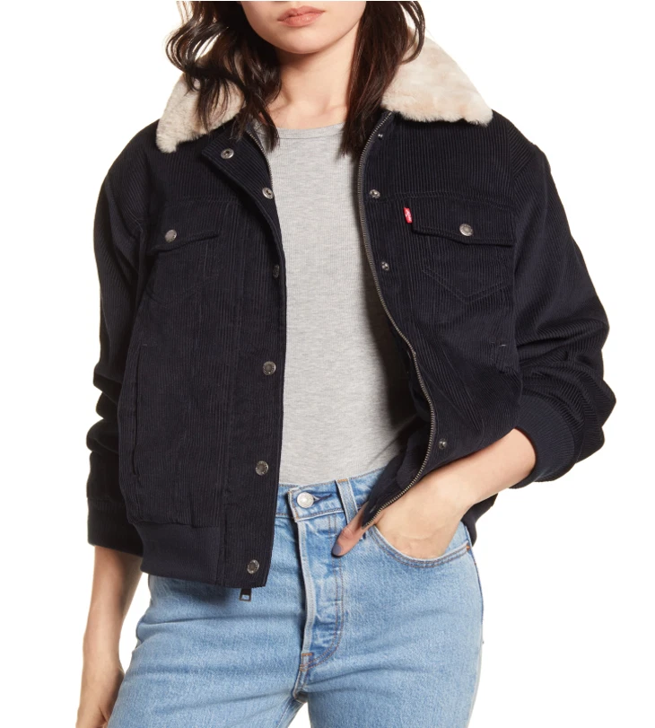 Levi s Women s Faux Fur Collar Corduroy Trucker Bomber Jacket Navy Size Large