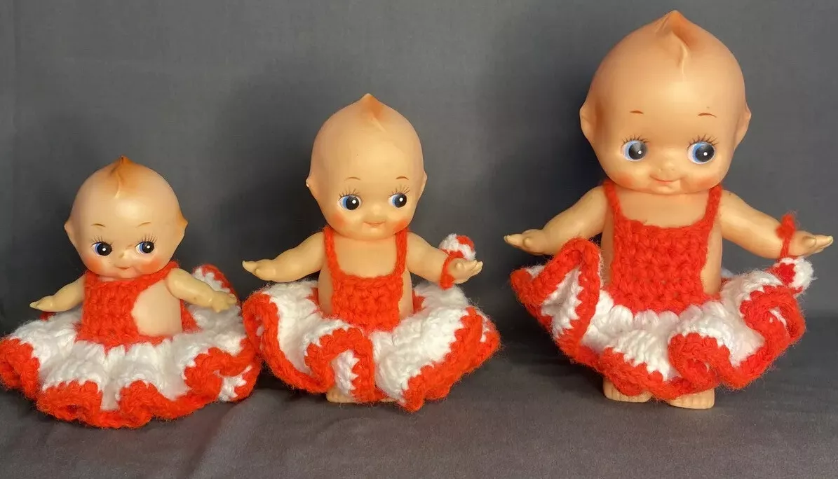 Vintage Kewpie Rubber Dolls 7 4.5 6 With Dresses Hard And Soft Rubber Toy