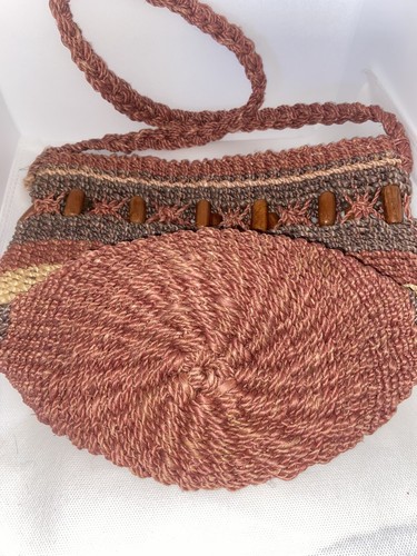 Vintage Woven Bass Straw Bucket Tote Bag Wood Inserts - Picture 2 of 16