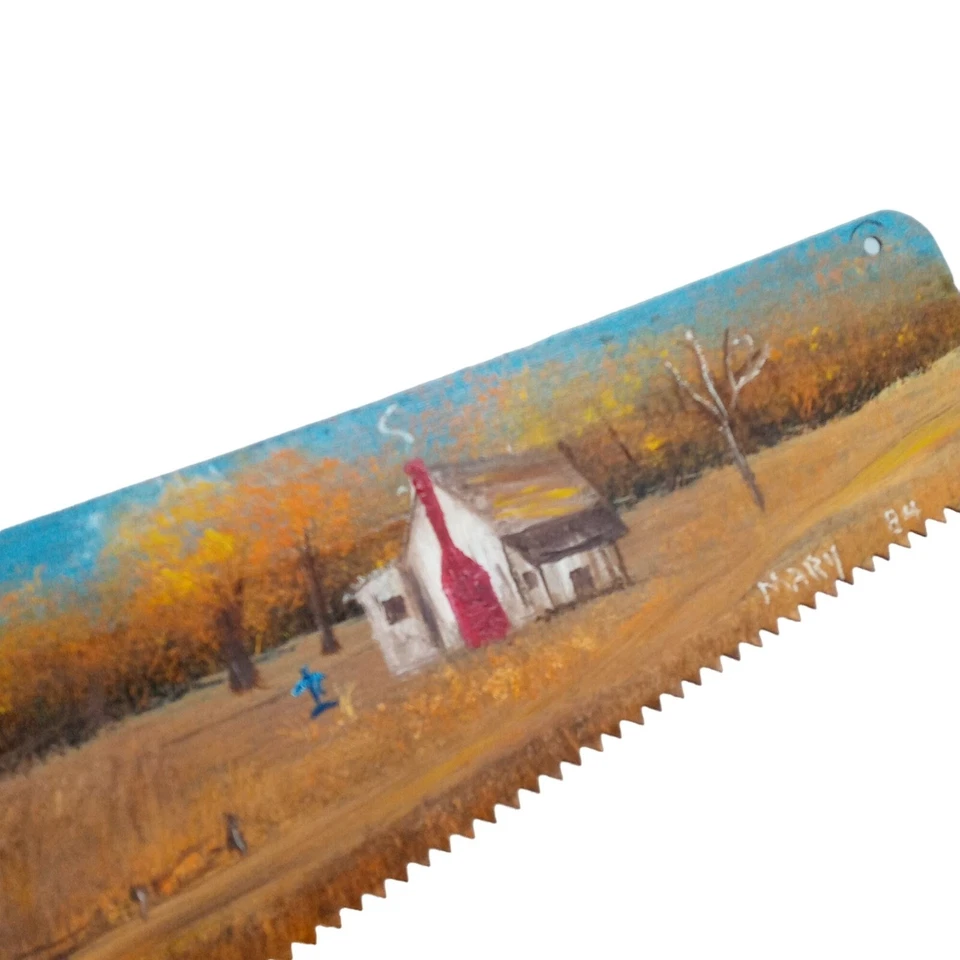 Arte popular rural decoración de pared pintura de granja sierra primitiva firmada de colección Foto 3 de 4