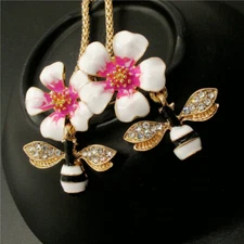 Gifts Fashion Women Rose Enamel Cute Flower Bee Insect Crystal Chain Necklace