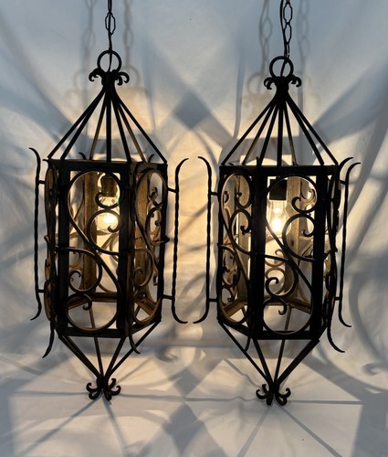 Vintage Pair of Spanish Revival Gothic Wrought Iron Swag Pendant Lights 30"