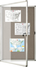 Lockable Bulletin Board Display Case, 36x24in, Grey Felt, Aluminum Frame