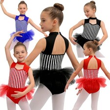 Girls Leotard Rhinestones Jumpsuit Dance Costume Ruffled Overlay Bodysuit Shiny