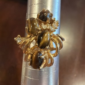 Authentic Vintage 18K HGE Tiger Eye Cluster Ring Gold Plated Retro Cocktail Size 7.5