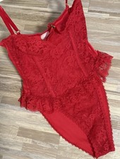 VTG 80 s Women s Shirley Of Hollywood Red Floral Laced Ruffled Teddy Bodysuit M