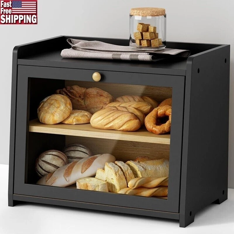 Black Bamboo Bread Box Kitchen Counter Storage Container Baked Goods Fruits New